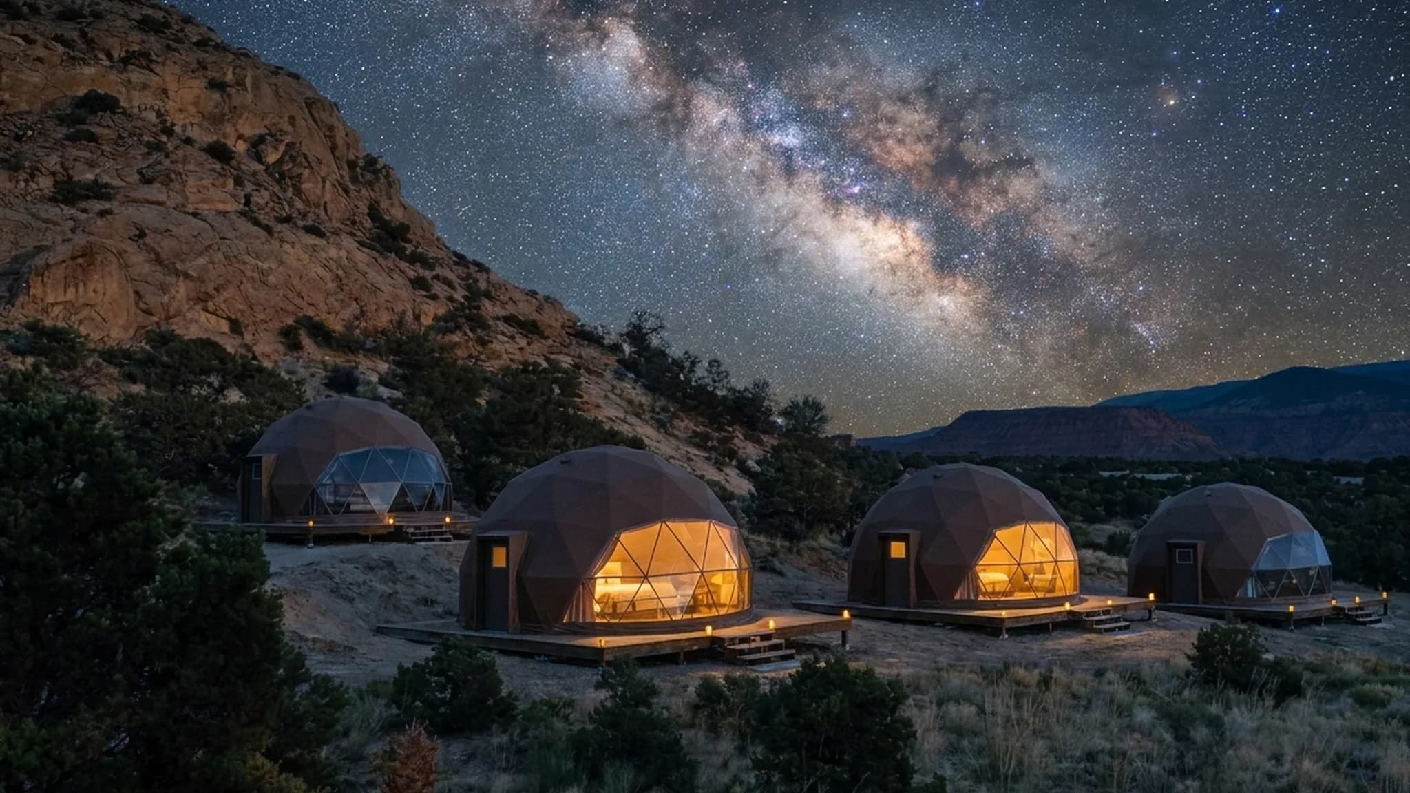 The same planned brown geodesic domes at night, warm light showing through their window walls, under the Milky Way in a certified International Dark Sky Park