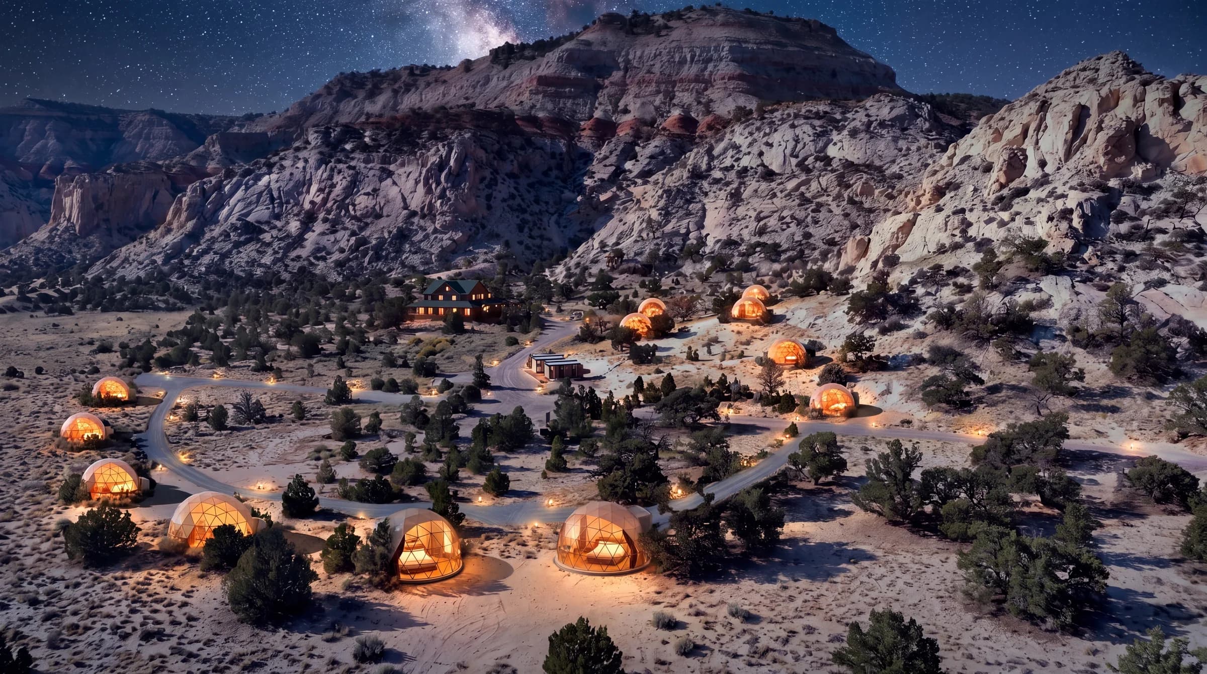 The planned full build-out at night, twelve domes glowing under the Milky Way in a certified International Dark Sky Park