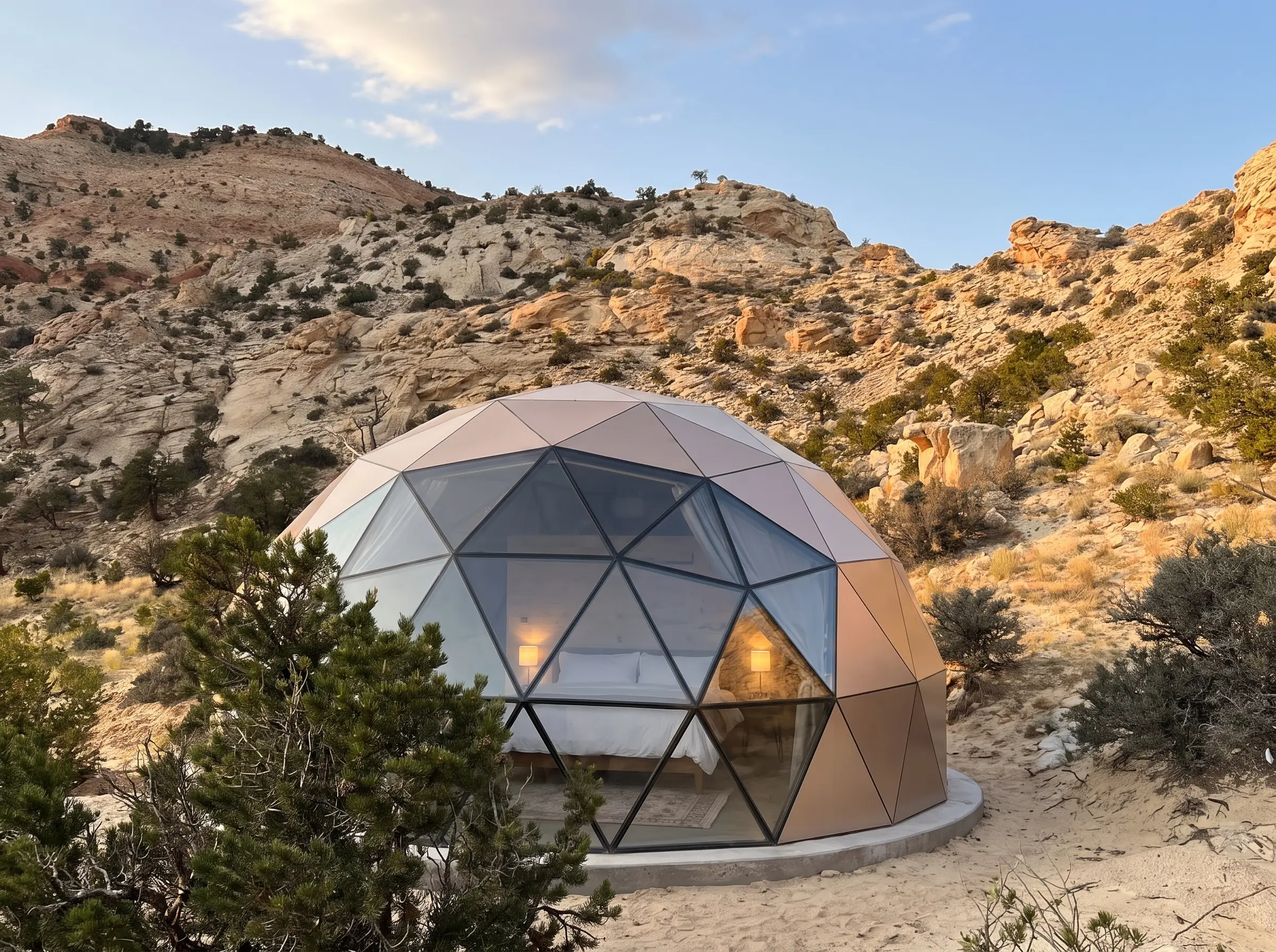 Visualisation of one planned glass geodesic dome below sandstone cliffs near Torrey, Utah, with a made-up bed and warm lamps visible through the glass