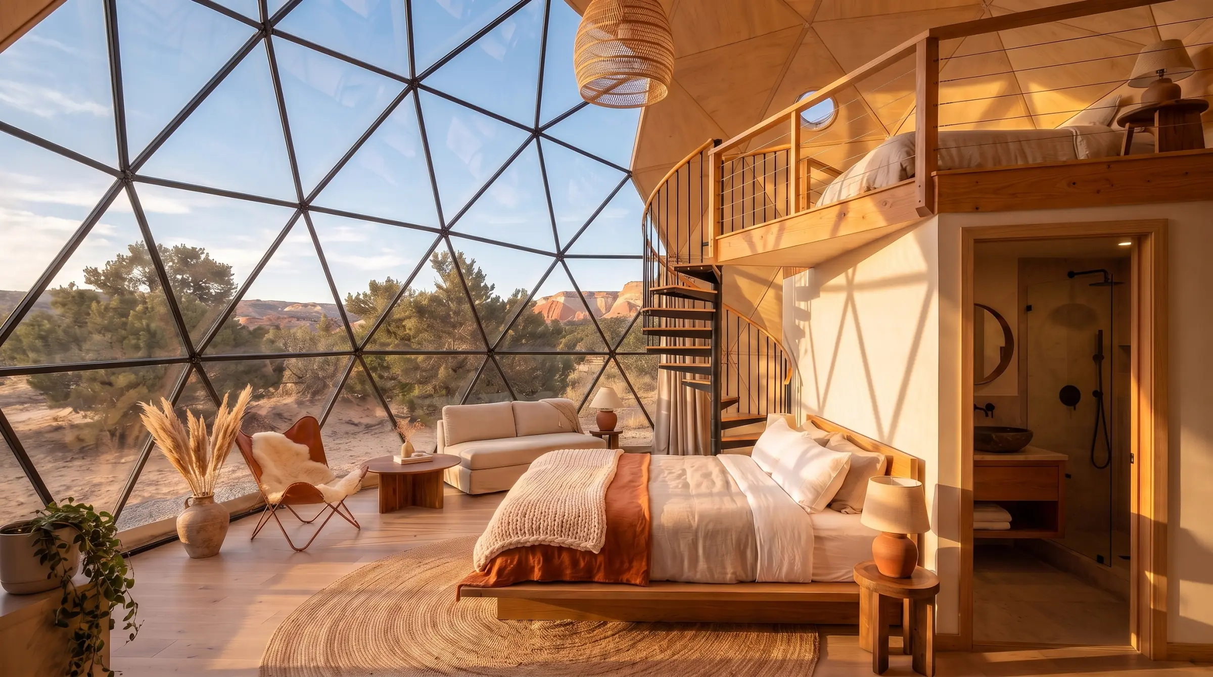 Visualisation inside a planned 10 m glass dome with black frames: a bed facing the glass wall, a loft reached by a spiral staircase, and an open en-suite bathroom with a walk-in shower