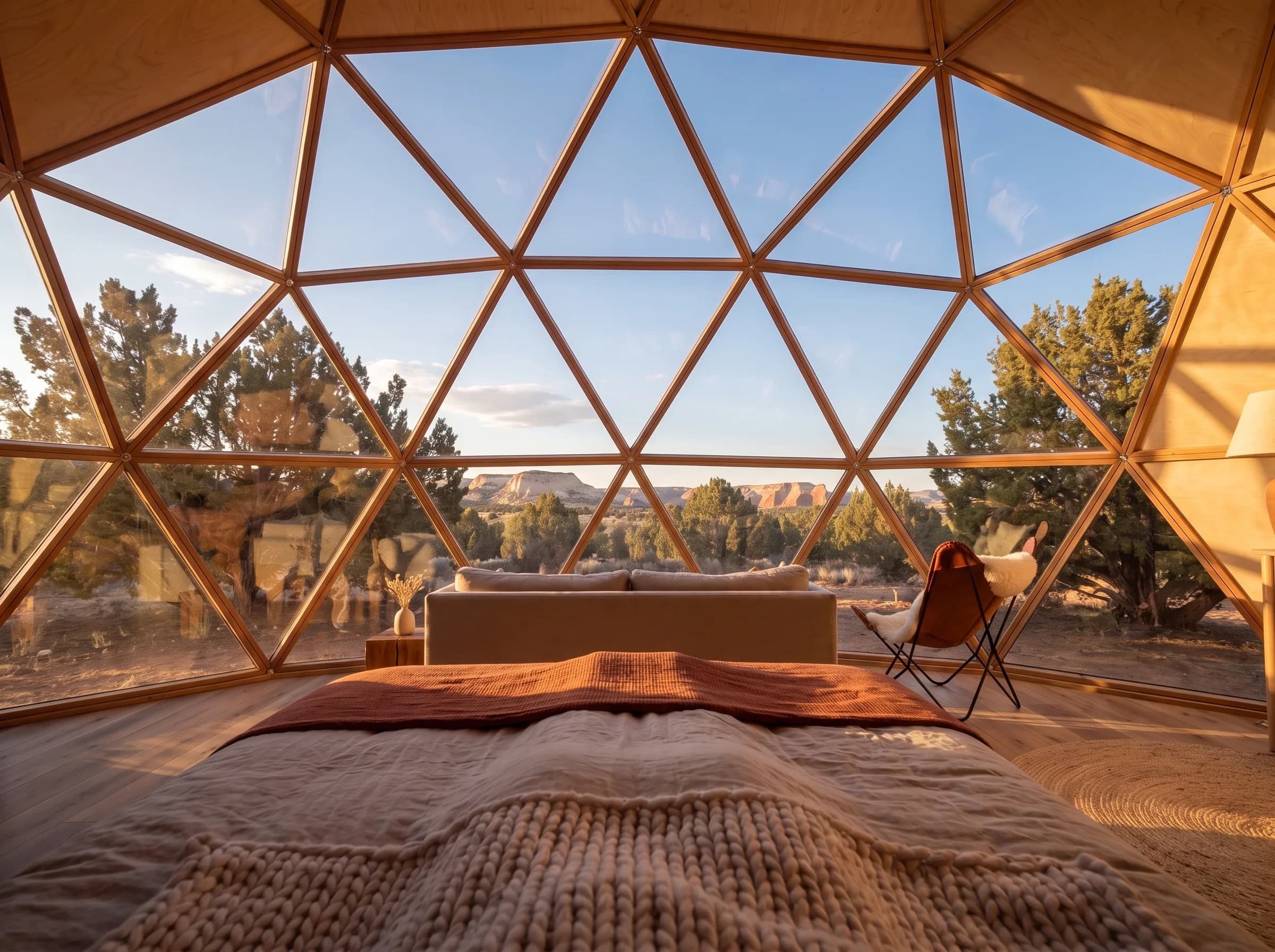Visualisation from the pillows of a planned 10 m glass dome in late afternoon: the foot of the bed, then the whole curved glass wall and the valley and mesas beyond