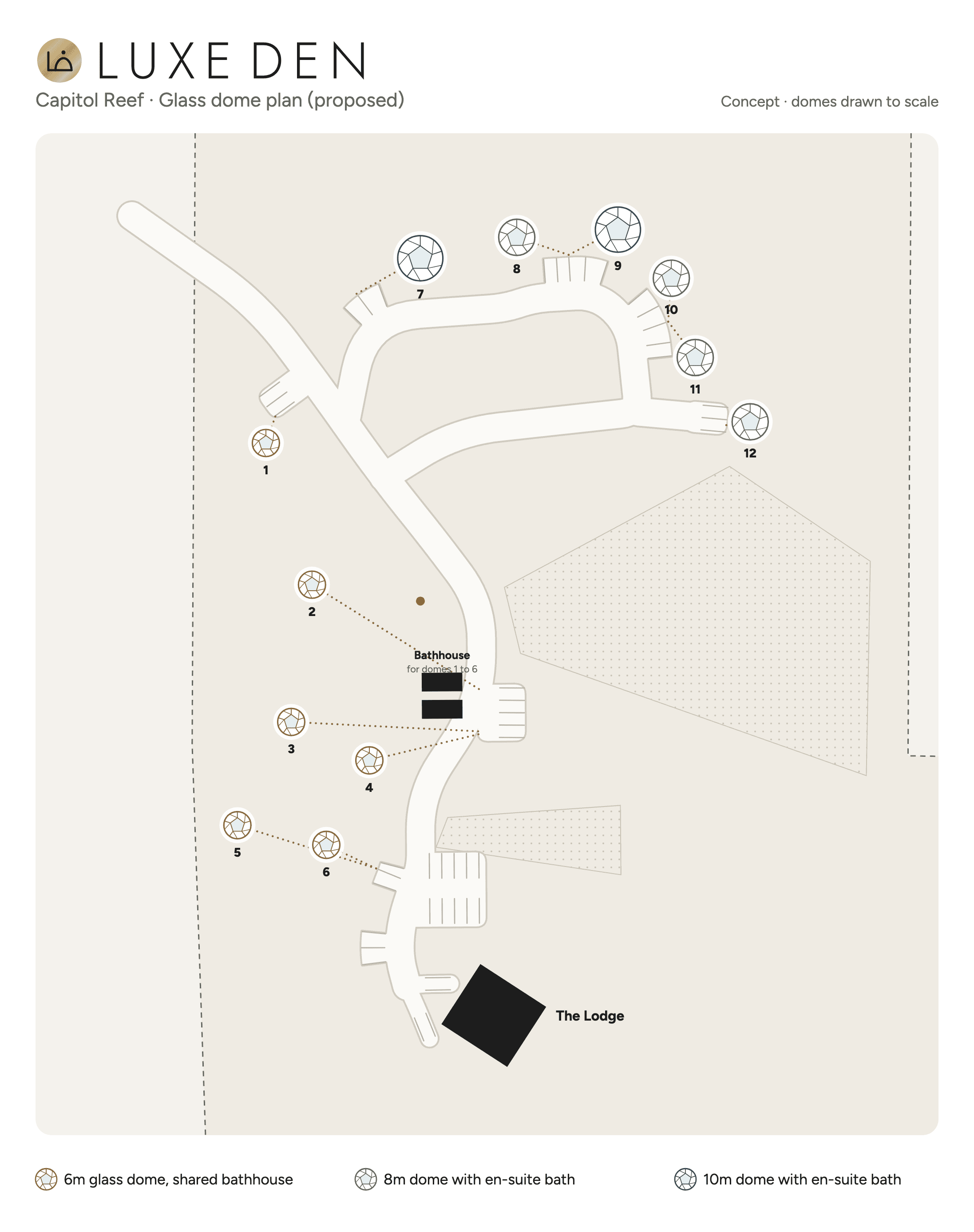 Proposed site plan: twelve glass domes, six 6 m domes on the existing sites sharing the bathhouse and six larger 8 m and 10 m domes with en-suite baths on a new loop road, with parking bays, the bathhouses and The Lodge. Concept, domes drawn to scale.