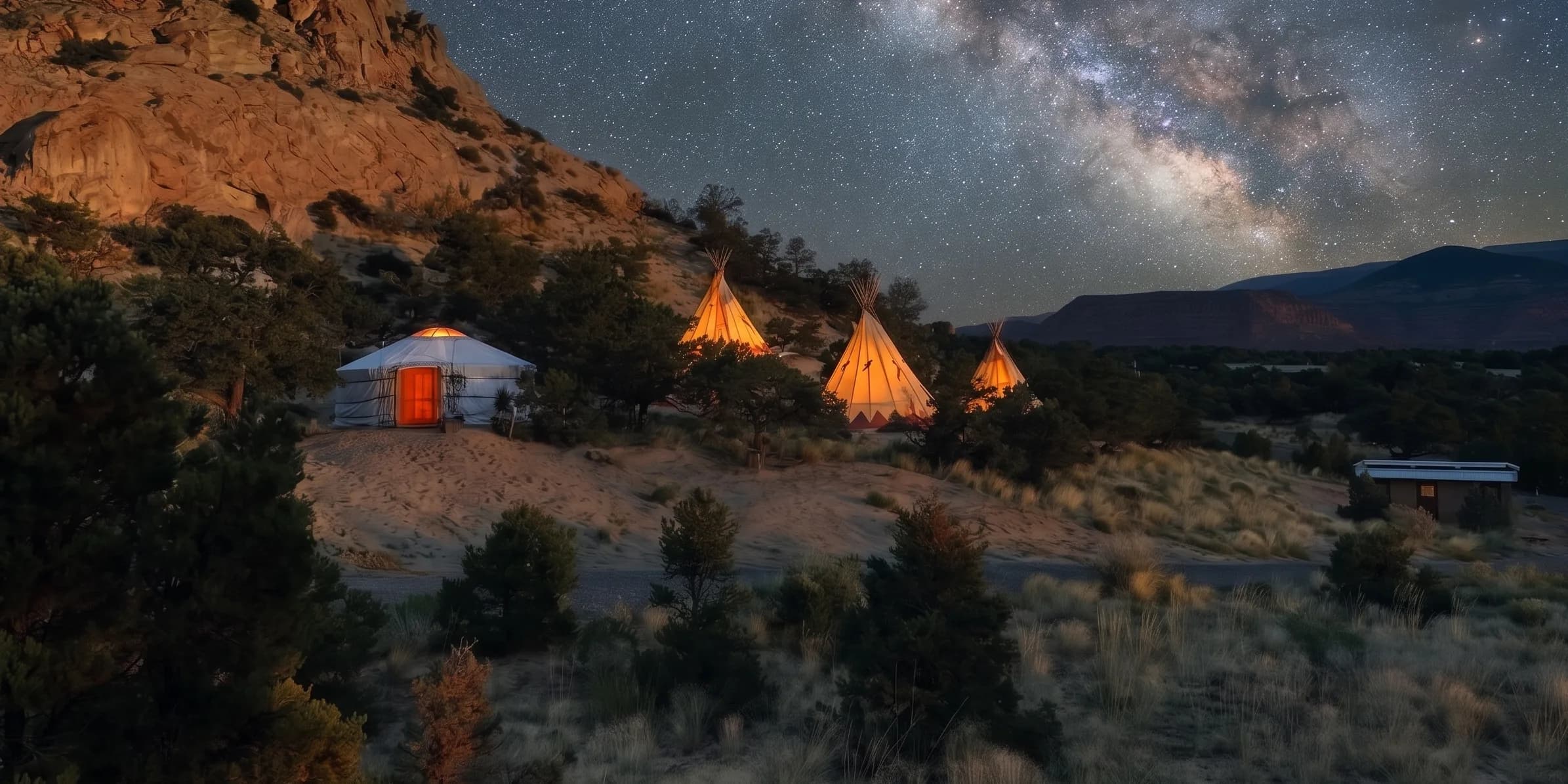 The same yurt and tipis glowing softly under the Milky Way on a moonless night near Capitol Reef National Park, a certified International Dark Sky Park