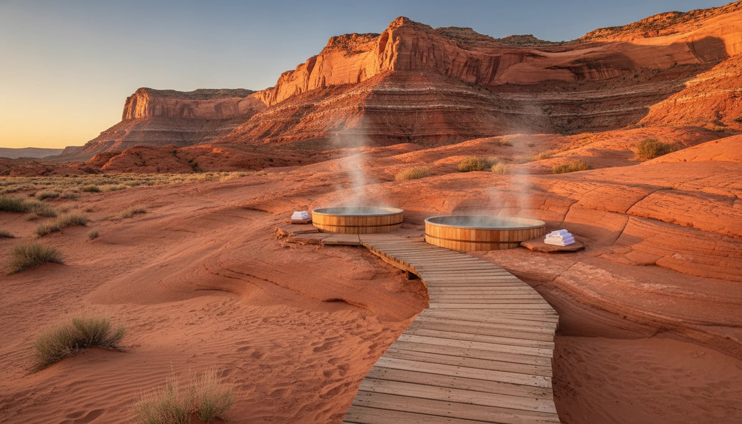 Cedar soaking tubs set into red slickrock below the sandstone cliffs of Capitol Reef Country