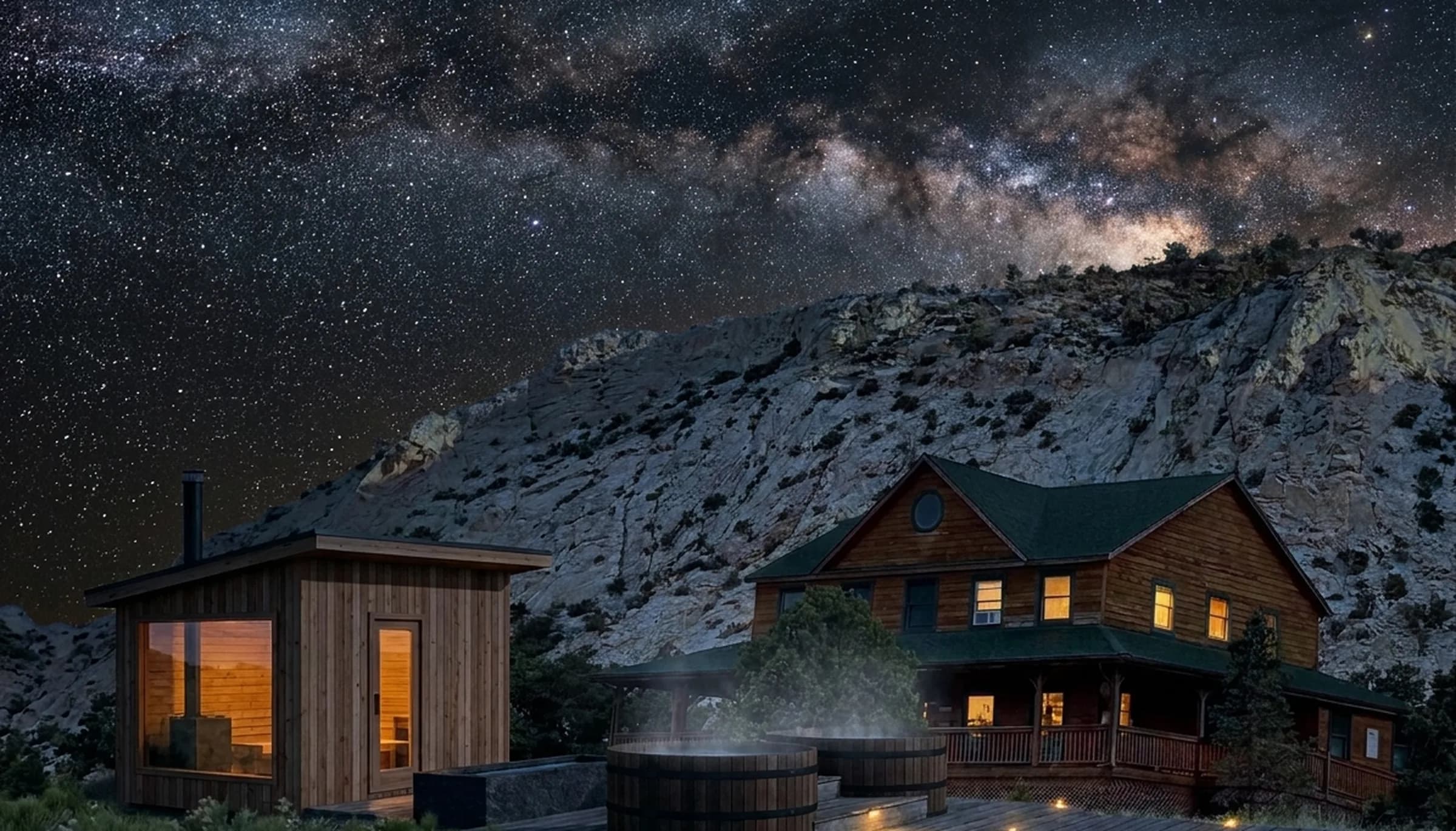 The same planned sauna and soaking tubs at night beside the lodge, lit only from inside and by low deck markers, under the Milky Way