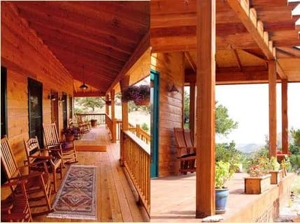 Two views of the inn's wraparound porch: rocking chairs and a rug along the timber wall, and the view out past the posts