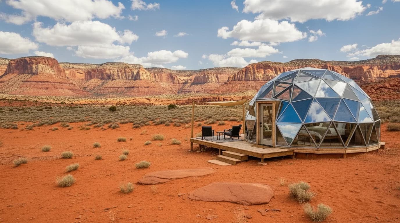 Geodesic dome looking out over red rock country near Torrey, Utah, in summer
