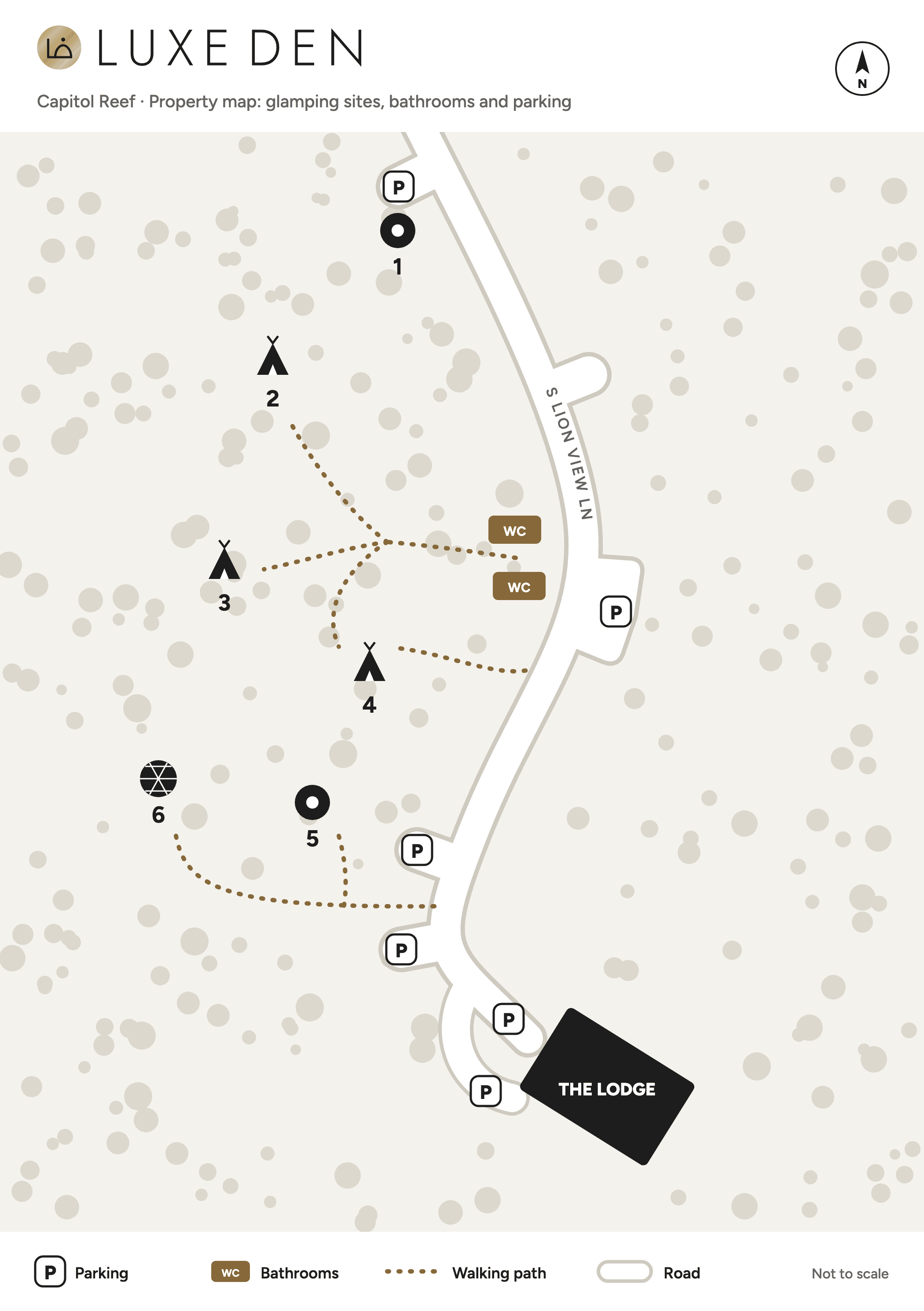 Property map: S Lion View Ln runs north to south past the six glamping units, numbered 1 to 6 from north to south (1 Roadside Yurt, 2 Bison Tipi, 3 Bear Tipi, 4 Shaman Tipi, 5 Hilltop Yurt, 6 Dome), with parking bays along the road, walking paths linking the sites to the road and to two bathroom buildings, and The Lodge with its parking at the south end. Not to scale.
