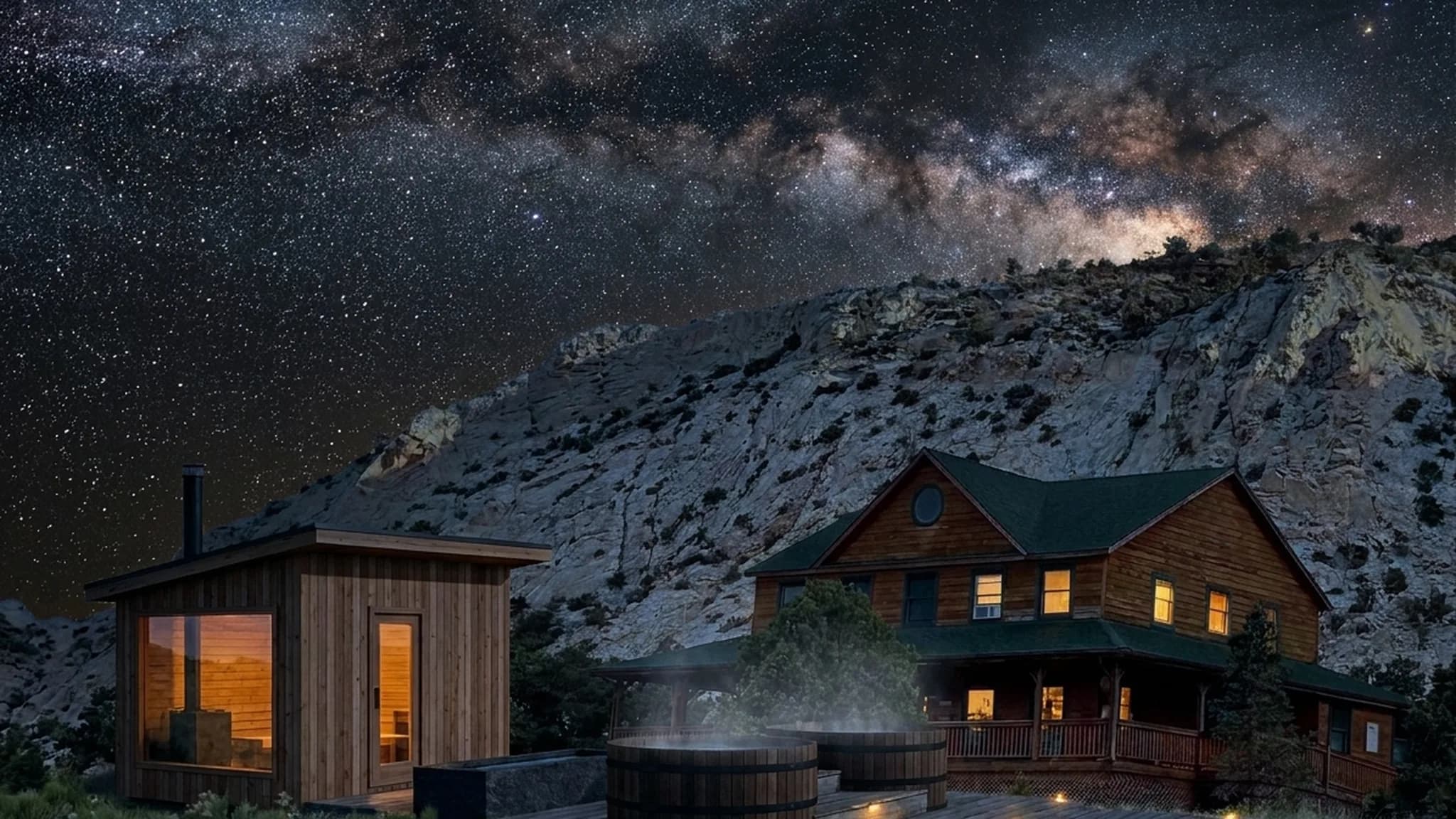 Visualisation of the planned sauna, cold plunge and soaking tubs beside the lodge under the Milky Way, with warm light confined to windows and downward deck markers