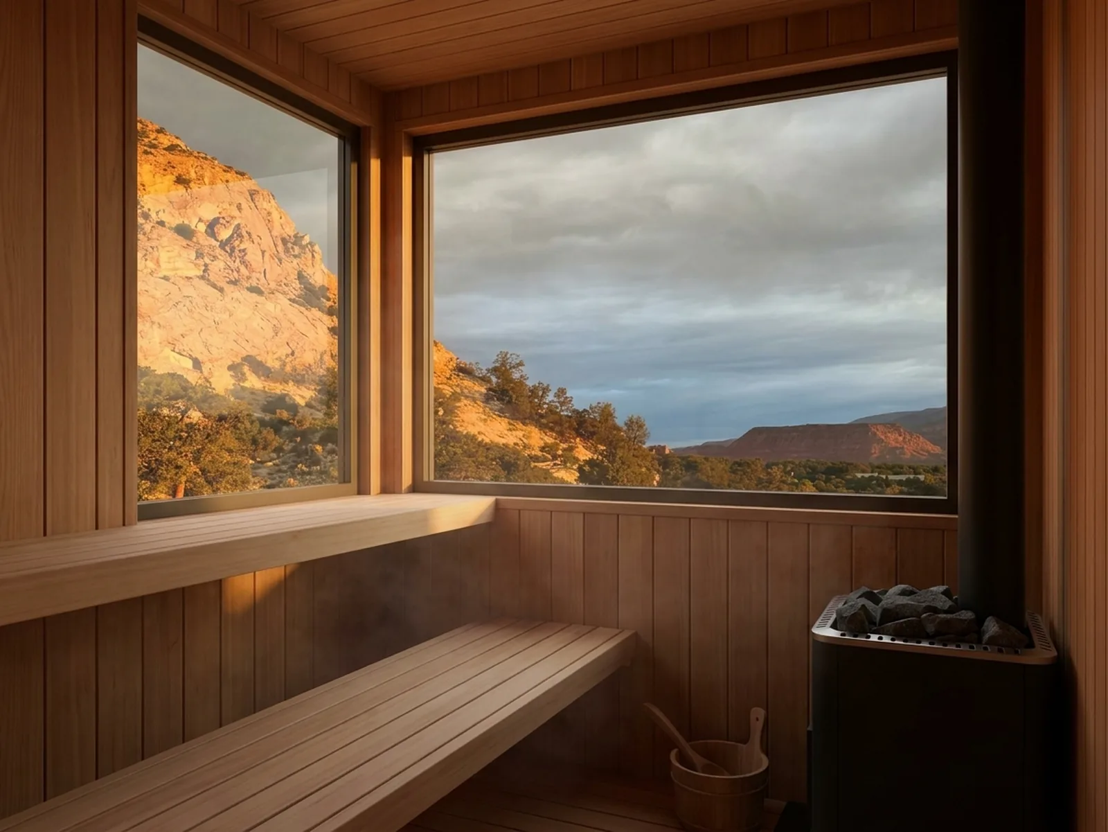 Visualisation of the planned cedar sauna interior, a corner stove and benches looking out through a picture window at the sandstone