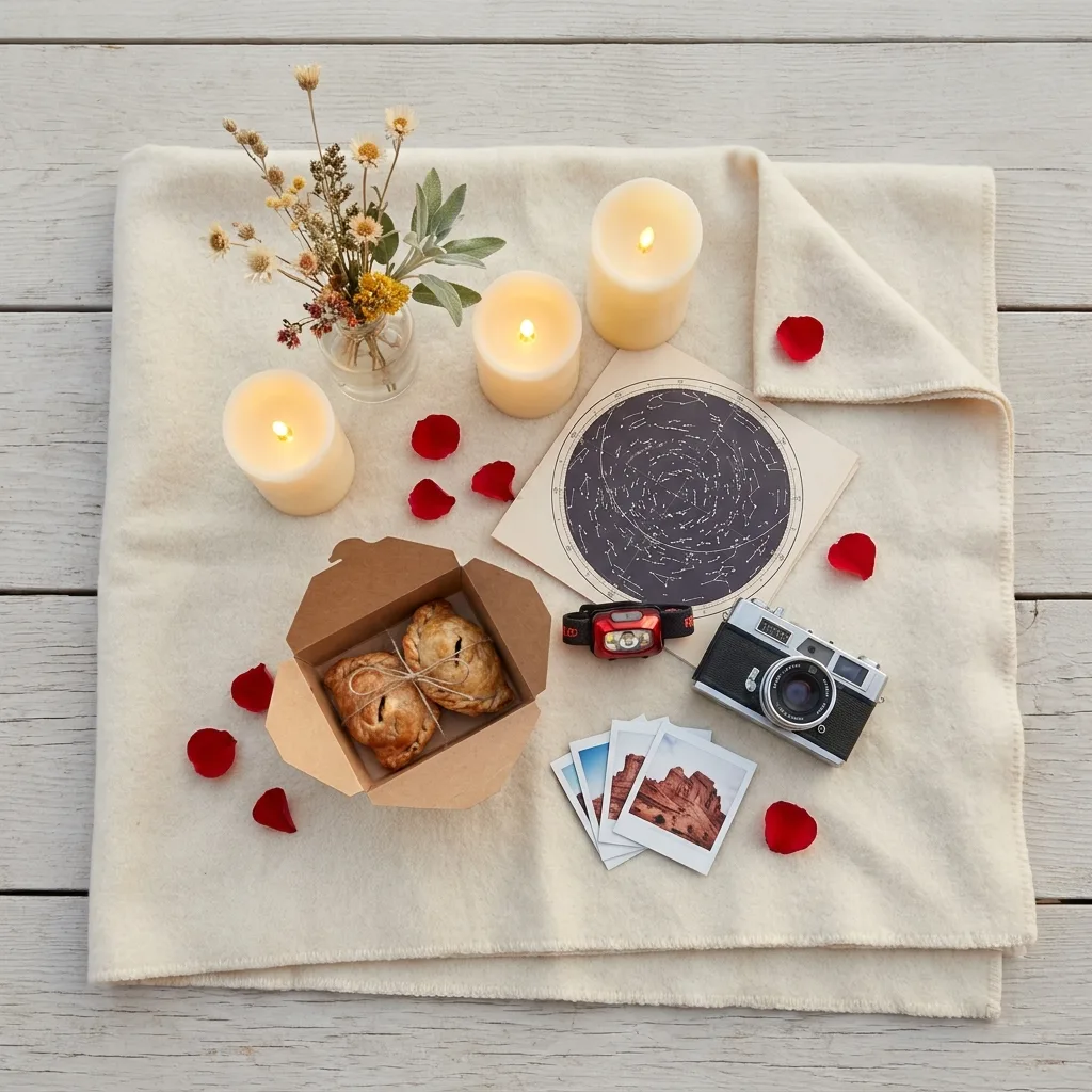 LED candles, rose petals, wildflowers, pastries, a star chart, a headlamp, a film camera and printed photos on a cream blanket