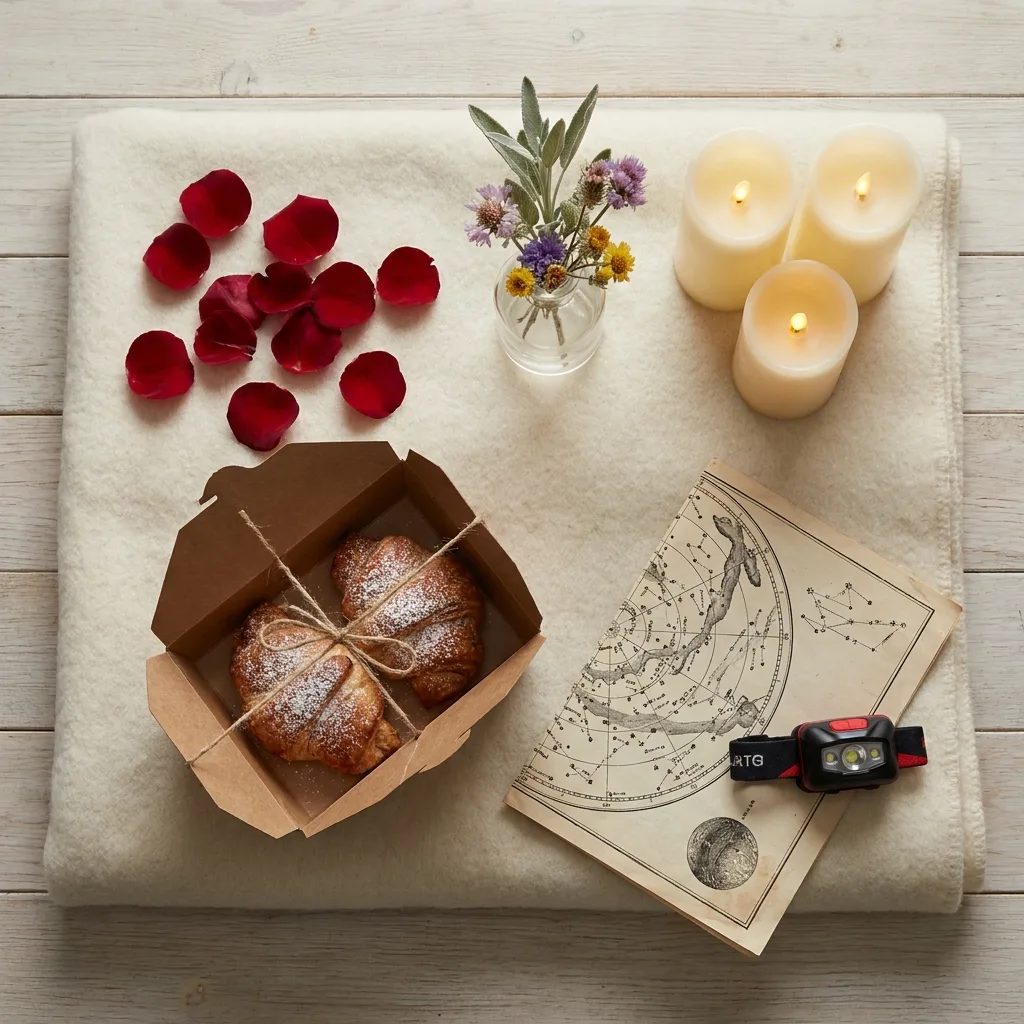 Rose petals, LED candles, a bud vase of wildflowers, a pastry box, a star chart and a red headlamp on a cream blanket