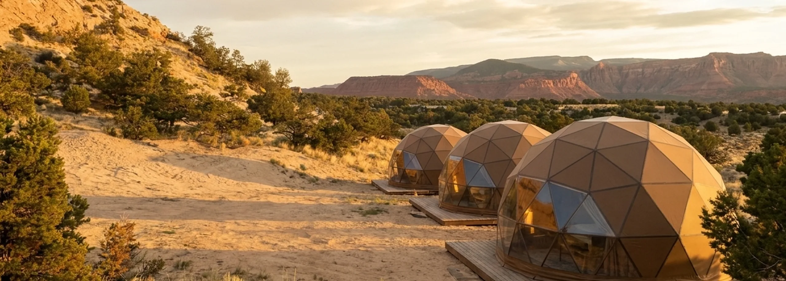 A glass geodesic dome on the sagebrush flats below the red rock cliffs of Capitol Reef National Park near Torrey, Utah